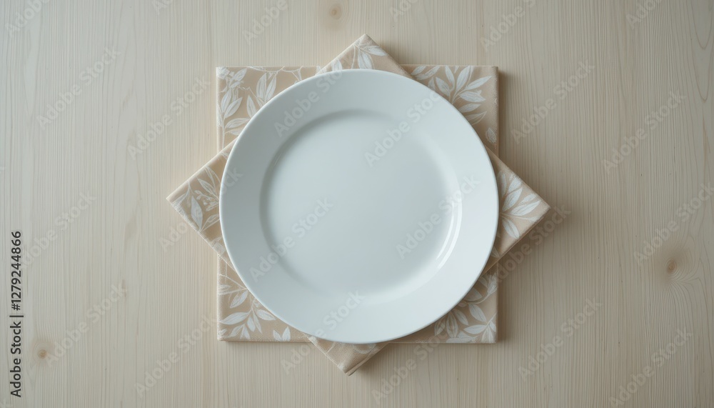 Poster minimalist table setting with empty white plate on linen napkin