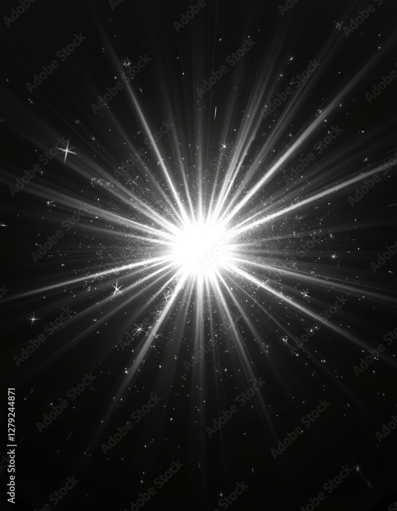 Poster bright starburst explosion with rays on black background. white light illuminates scene, creating gl