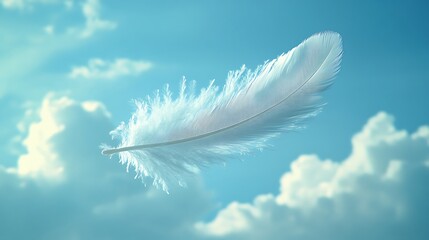 Obraz premium A single feather gently swaying in a soothing blue sky setting