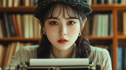 Young woman working intently at a typewriter in a cozy library setting