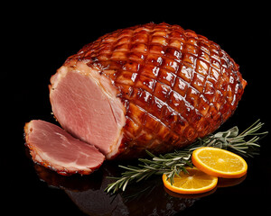 Beautifully glazed ham with a caramelized crust, diamond-scored and clove-studded. Juicy pink slices contrast with the crisp outer layer, garnished with rosemary and orange slices on a rustic board