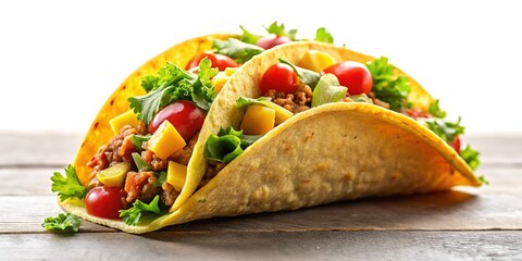 Retro taco shot, white background, vintage food style. Classic taco pic.