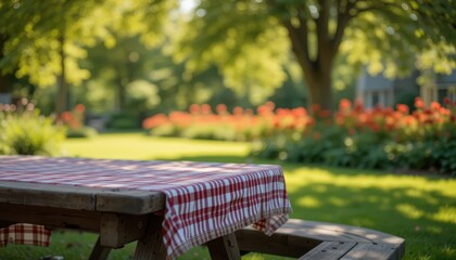 Picnic Table with Red Checkered Tablecloth in Garden Setting