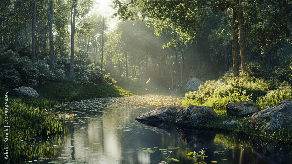 Poster serene forest landscape with a tranquil stream and sunlight filtering through trees