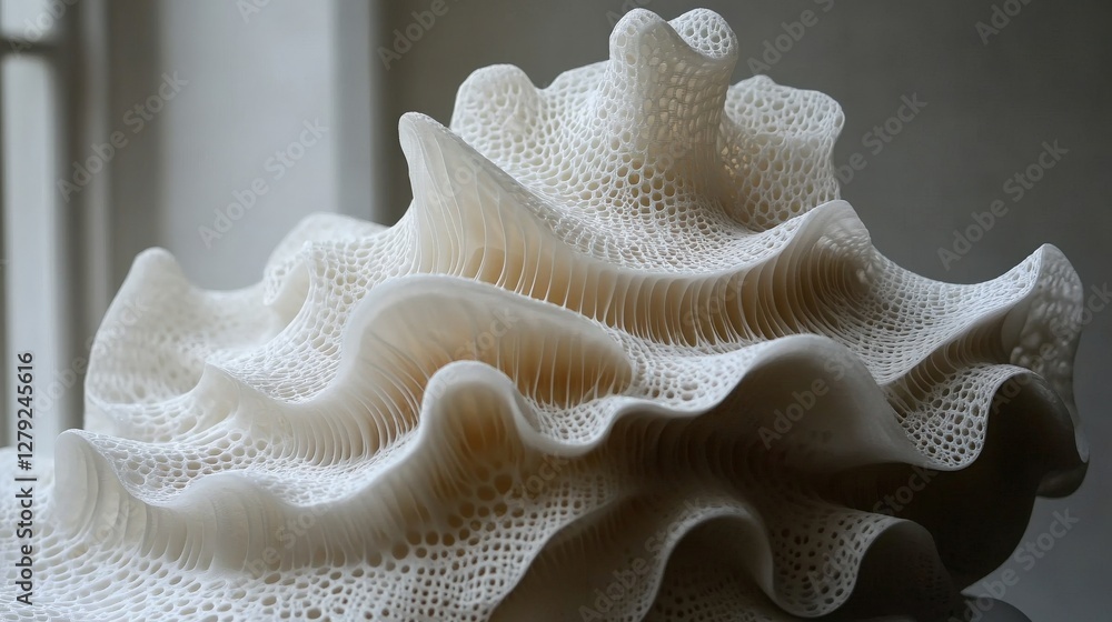 Poster intricate white shell sculpture showcasing detailed textures and patterns against a soft background