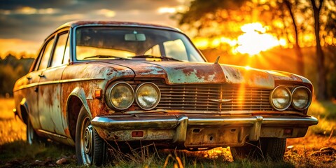 Fototapeta premium Rusty, decaying vintage vehicle bathed in sunlight, a dramatic, atmospheric outdoor photo.