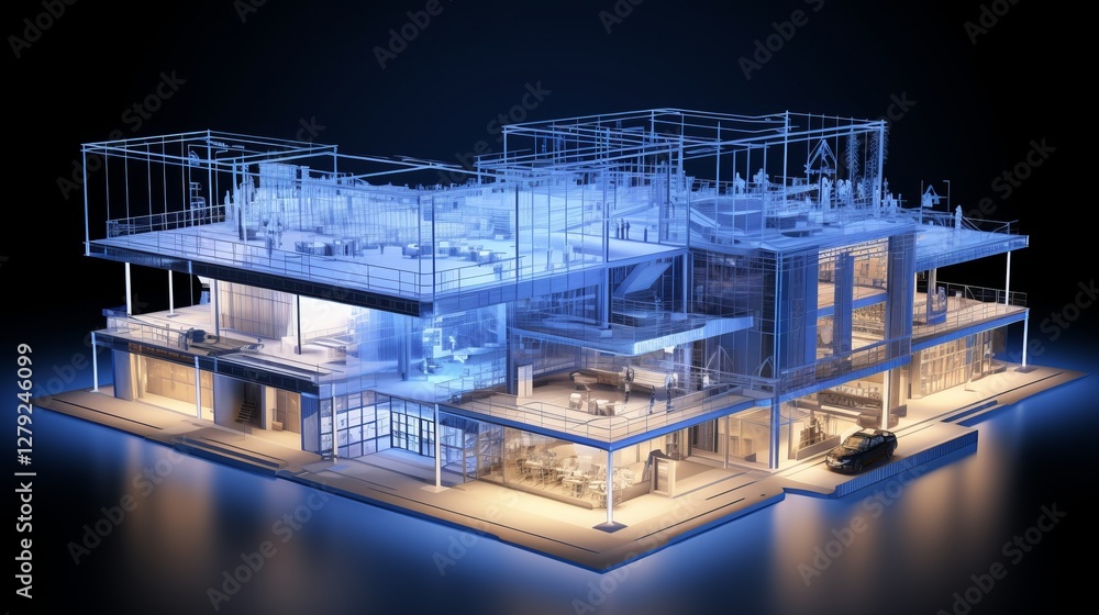 Poster vision of architecture of a 3d model house project with blueprint