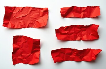 Five torn crumpled red paper pieces lying on empty white background. Grunge sheet cardboard elements with rough edges and creased surface. Useful for advertising, promotional banners.