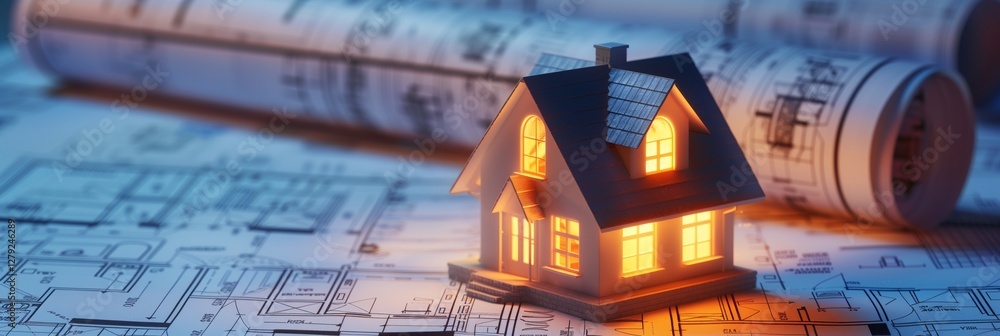 Poster 3d rendering project of new building model house on blueprint plan