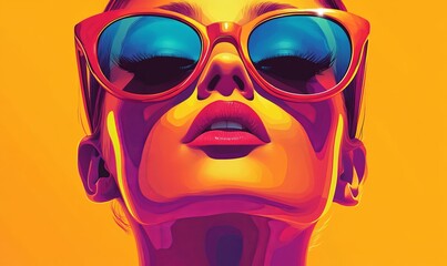 Fototapeta premium Vibrant Retro Pop Art Woman in Sunglasses with Bright Colors and Vintage Charm Modern Poster Design