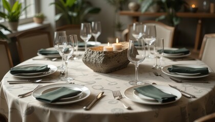 Fototapeta premium Elegant Table Setting with Candle Arrangement and Green Accents