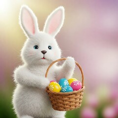 Cheerful Easter bunny with a basket of colorful eggs. Soft pastel background with space for text. Perfect for banners, greeting cards, and marketing designs.