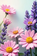 Fototapeta premium Pastel pink and yellow summer flower wallpaper featuring lavender and gerbera daisies, garden wall, delicate patterns, pastel hues
