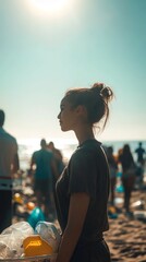 Outdoor summer beach gathering with young woman at sunset
