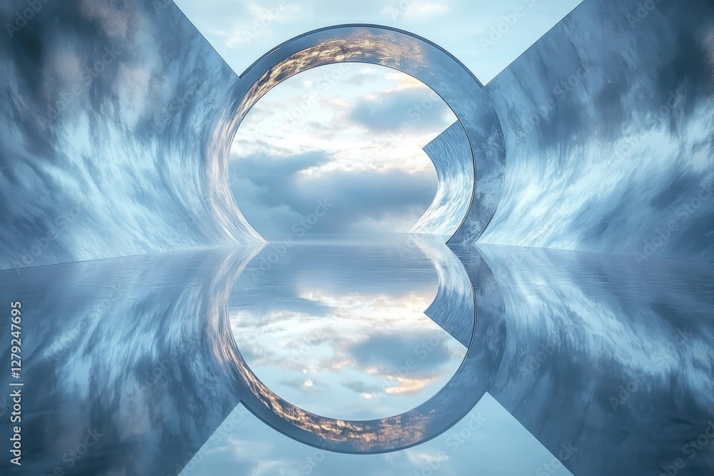 Poster reflection of a serene open space with a circular arch and cloudy sky in the background