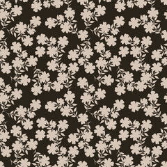 Seamless floral pattern, liberty ditsy print with gently tiny flowers. Cute botanical design, pretty ornament: hand drawn plants, simple small flowers, tiny flowers on a light pink background. Vector