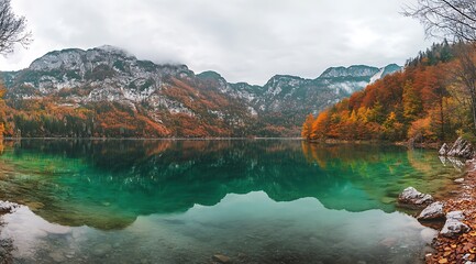 Autumn Reflection on Mountain Lake A Stunning Landscape with Snow-Capped Peaks and Vibrant Fall Foliage Reflected in a Calm Lake