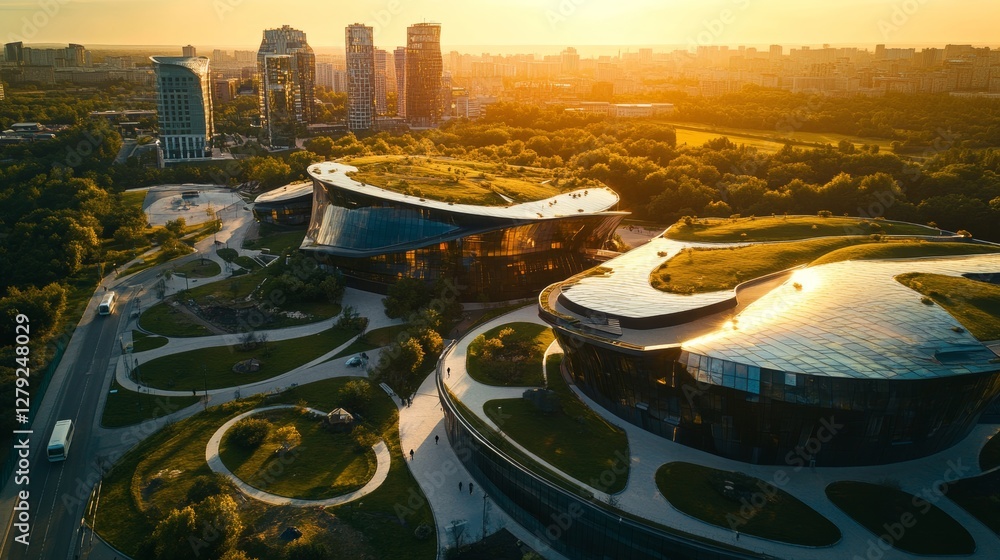 Poster skyline view of modern architecture with green spaces and winding pathways in an urban setting durin