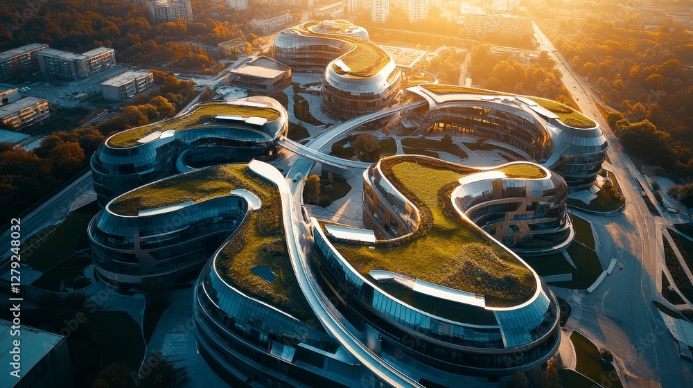 Poster skyline view of modern architecture with green spaces and winding pathways in an urban setting durin