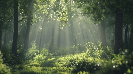 Fototapeta premium Sunbeams illuminate lush green forest floor.