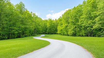 Fototapeta premium Winding road through lush green forest, sunny day. Ideal for travel brochures