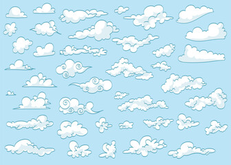 A large collection of colorful, cartoon style clouds in the sky