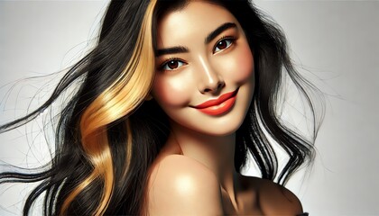 Fototapeta premium A portrait of a young woman with long, flowing black hair highlighted with subtle golden streaks, and glowing skin