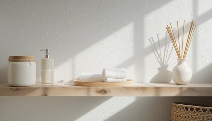 Minimalist Bathroom Shelf Decor with Natural Light and Soft Textures