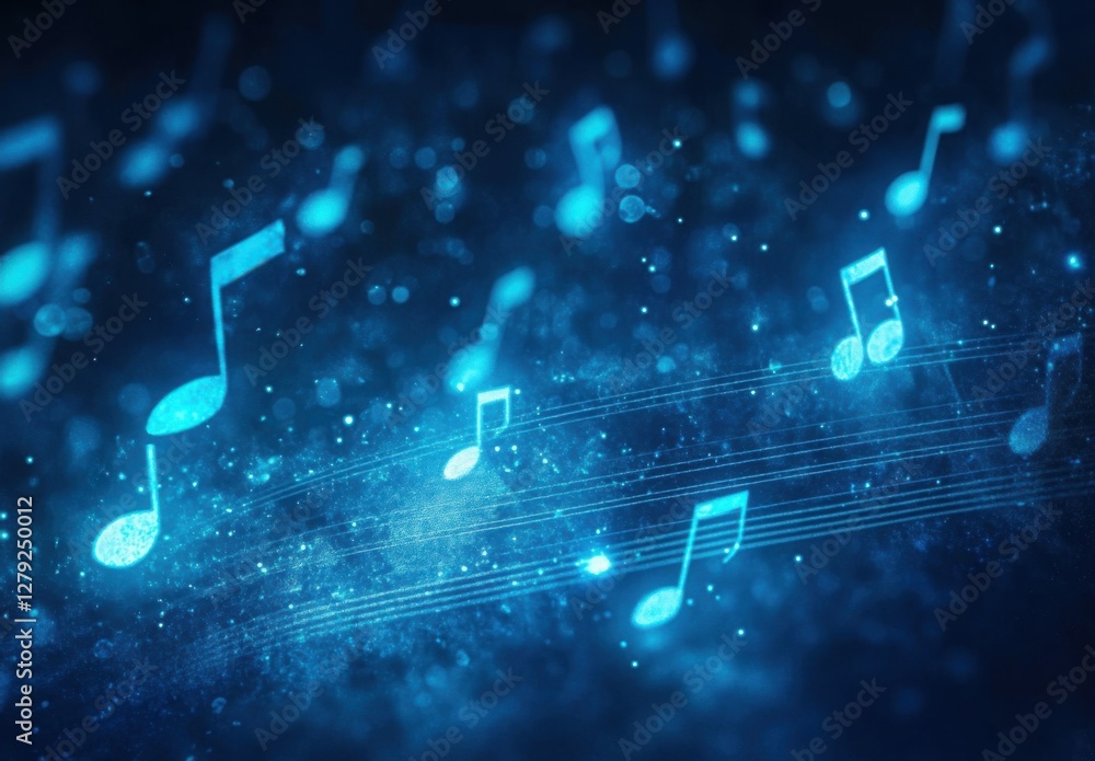 Poster abstract musical notes on a blue background with a bokeh effect, musical elements, and a music conce