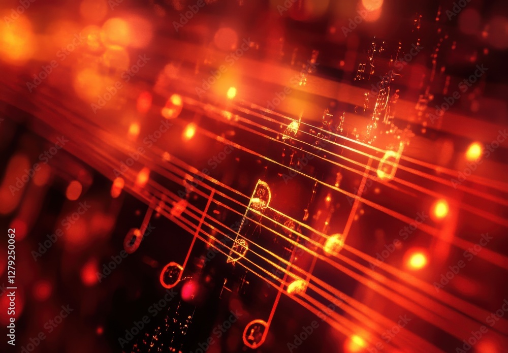 Poster A glowing red musical note pattern with blurred notes in the background, creating an abstract and vibrant music-themed wallpaper.