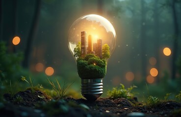 Modern cityscape with trees inside lightbulb on forest soil. Concept of green energy, eco city, clean environment, sustainable tech, alternative power and future innovation for earth.