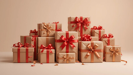 A mountain of lovingly wrapped gifts, bursting with festive cheer and anticipation, adorned with rich red and gold ribbons against a soft beige backdrop.