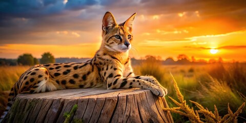 Obraz premium Serengeti Sunset: Serva Cat Resting Against Tree Stump - Wildlife Photography 2023