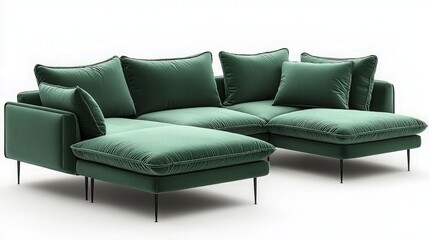 Fototapeta premium Modern emerald green sectional sofa against white background. Possible use for furniture catalog, interior design, or home decor