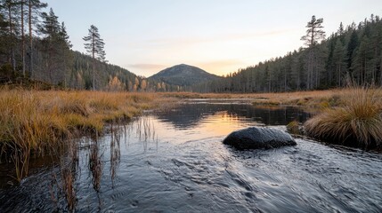 Autumnal Creek Reflecting Sunset Mountains