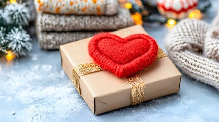 Wrapped Gift Box with Red Knitted Heart and Gold Ribbon on Snowy Background
