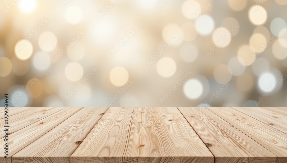 Poster wooden table surface with blurred bokeh background for design use