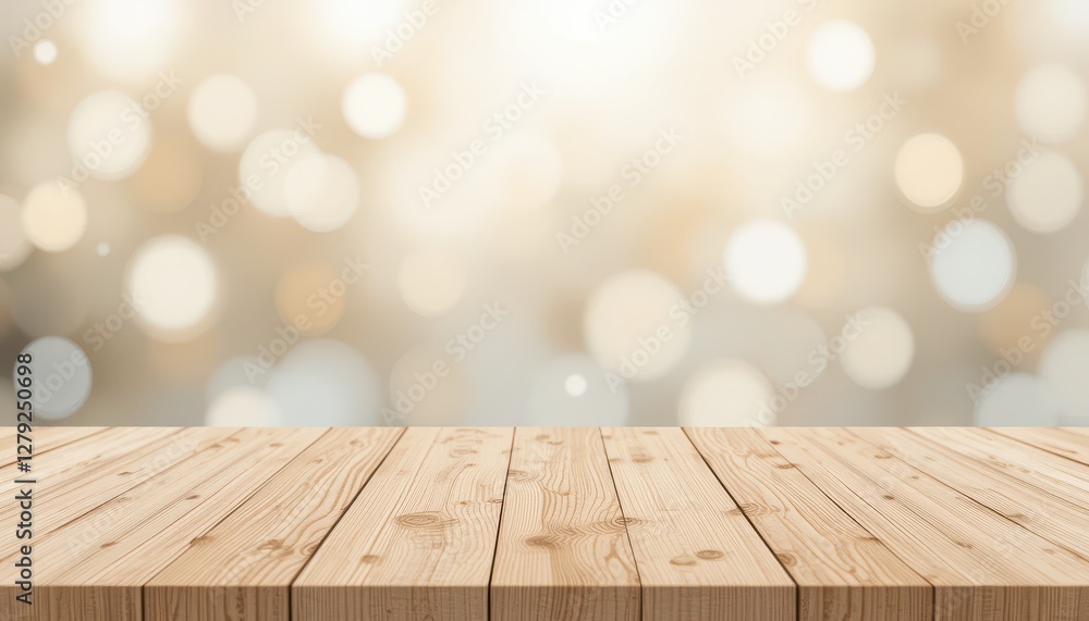 Poster soft blurred background with wooden table for product display