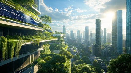 Obraz premium Urban Landscape With Green Architecture and Solar Panels in a Futuristic City at Sunset Showcasing Sustainability and Modern Living