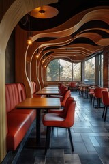 Modern restaurant interior with a unique wooden ceiling design and red booths.