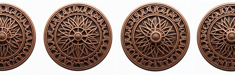 Naklejka premium Set of handmade Celtic wooden mandalas. Wood carving with beautiful woodworking creates ornament. Round abstract brown texture, ornate decoration. Generative AI image vintage design, culture.