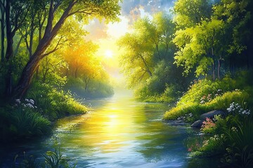 Obraz premium A serene scene of the sun shining through lush green trees, casting reflections on a tranquil river