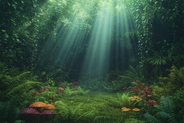 Fototapeta premium Lush forest illuminated by soft rays of sunlight, vibrant flora