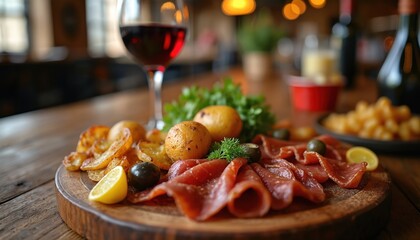 Authentic spanish tapas experience. Close-up in cozy local bar of dining decor. Still life of cured meat platter potatoes olives wine glass on garnished wood table. Culinary feast with savory