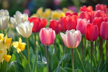 Obraz premium Vibrant tulips and daffodils bask in the sunlight, showcasing a stunning array of colors.