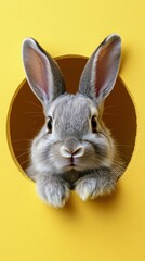Obraz premium Happy Easter Sunday background, A cute fluffy rabbit peeking through a round hole in a solid pastel yellow background, with its ears twitching curiously. Playful innocence, adorable curiosity, copy 