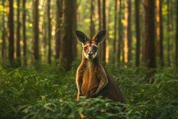 Kangaroo stands amidst lush greenery, surrounded by tall trees a