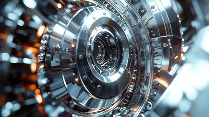 Intricate chrome turbine with mechanical details and reflections