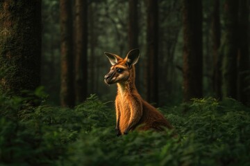 Lush forest scene with majestic animal resting among vibrant fer