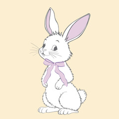 Cute Rabbit with bow,Cartoon hand paint funny Bunny, Hare character element for Easter greeting card,Spring,Summer poster,Vector illustration portrait animal.